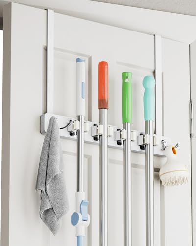 BS-VOG Over the Door Broom and Mop Holder, Broom Hanger, 4 Slots & 4 Hooks - color: White