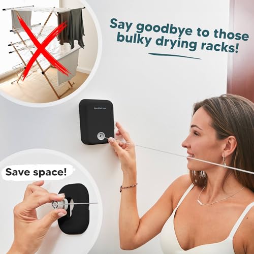 GorillaLine - Retractable Clothesline Indoor Outdoor Clothes Line - Heavy Duty Clothes Drying Laundry Line - Wall Mounted Drying Rack - Air Dry Clothing - color: Black