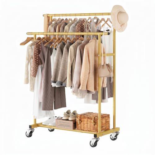 Calmootey Rolling Garment Rack, Sturdy Clothes Organizer for Bedroom - color: Gold, style: Double Rods