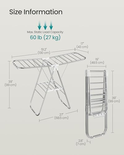 SONGMICS Clothes Drying Rack, Foldable Metal Airer, 19.3 x 51.2 x 39.4 in - color: White, size: 51.2"W x 39"/44.9"H