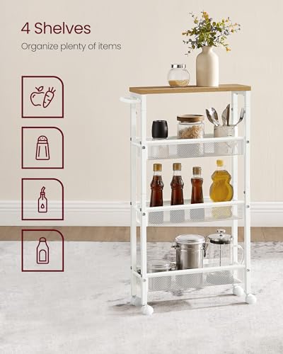 VASAGLE 4-Tier Slim Rolling Storage cart with Wheels, 5.1 Inches, Metal - color: Oak Beige + Classic White, size: 4 Tiers (5.1"D x 30.3"H)