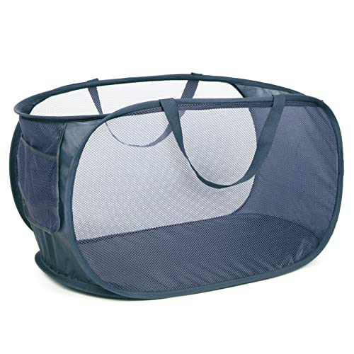 Durable Collapsible Laundry Baskets, Mesh Pop Up Laundry Hamper with Side Pocket, Foldable Clothes Storage Hamper with Reinforced Carry Handles for Laundry, Bathroom, Kids Room, Dorm or Travel Navy - color: 1 x Navy Blue