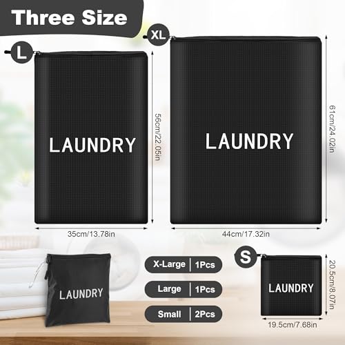 4Pcs Travel Laundry Bags, Dirty Clothes Travel Bag, Waterproof Wet Bags with Zips, Reusable Wet Dry Bag for Swimming Yoga Dance Clothes (Black)