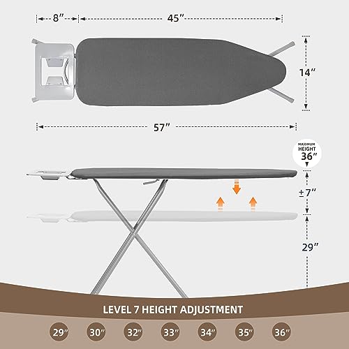 STO STO Ironing Board Full Size 45" x 14" with Iron Holder, 7 Height Options 29" to 36", Space Saving Foldable Iron Board with Removable Covers and Reinforced Steel Legs, Gray - color: Gray, size: 45" x 14"