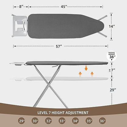 STO STO Ironing Board Full Size 45" x 14" with Iron Holder, 7 Height Options 29" to 36", Space Saving Foldable Iron Board with Removable Covers and Reinforced Steel Legs, Gray - color: Gray, size: 45" x 14"