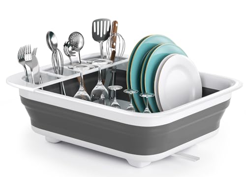 THANSTAR Collapsible Dish Drying Rack for RV Kitchen, Foldable Drainer Organizer for Kitchen Countertop, Space Saving Portable Dish Rack for Campers, Travel Trailer & Small Spaces, Easy Storage, Grey - color: White-gray