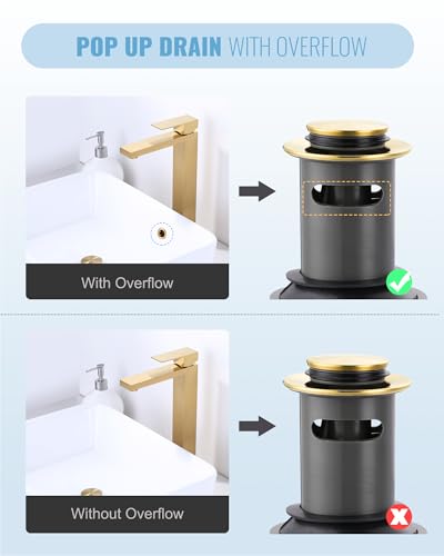 ALEASHA Bathroom Sink Drain with Overflow Vessel Sink Stopper, Pop Up Drain for Bathroom Sink Pop Up Drain Stopper for Hair Catcher, Brushed Gold - color: Brushed Golden, style: With Overflow