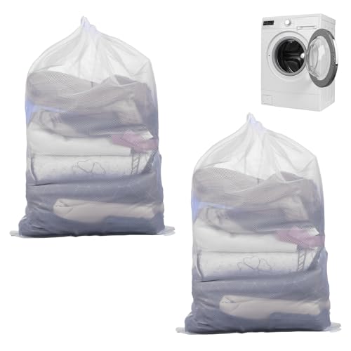 2Pcs Large Mesh Laundry Bag, Heavy Duty Mesh Travel Washings Bag Laundry Washing Bags Washing Machine Drawstring Wash Bags for Delicates Clothes College Dorm Family 36x24 Inch White