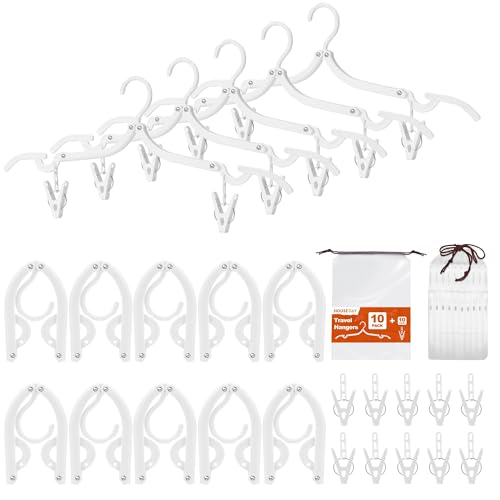 HOUSE DAY White Travel Hangers with Clips, 10 Pack Foldable Clothes Hangers - color: White, size: 10 Pack + 10 x Clips + 1 x Storage bag