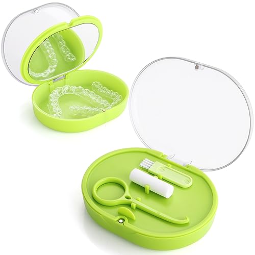 New Double-layer Aligner Case with Belt Chewing,Removal Tool,Cleaning Brush,Built in Mirror Orthodontic Case - color: green