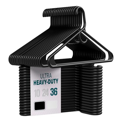Heavy Duty Clothes Hangers, 36 Pack - Space Saving, Ultra Strong Black Plastic - Hang Your Belt, Pants, Coat, Shirt, Shorts, Jeans, Sweater and More - Bulk Closet Storage for Adults Clothing - color: Black, size: 36
