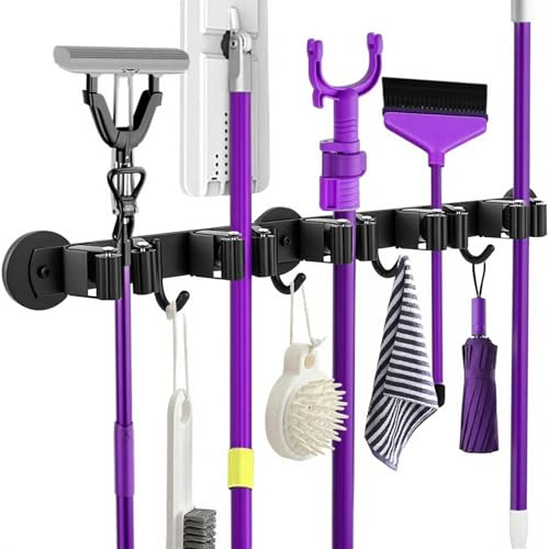 Magnetic Broom Holder Wall Mount - Heavy Duty Non-Slip Mop Hanger with 4 Hooks And 5 Rack, No Drill Tool Organizer for Refrigerator,Garage,Laundry Room (Black, 5Racks 4Hooks)