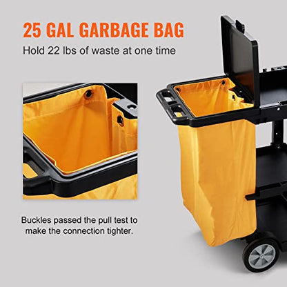 VEVOR Cleaning Cart, 3-Shelf Commercial Janitorial Cart, 200 lbs Capacity Plastic Housekeeping Cart, with 25 Gallon PVC Bag and Cover, 47 x 20 x 38.6in, Yellow&Black - color: Black+lid