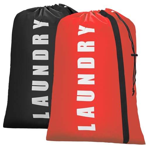 Isink Heavy Duty Laundry Bag with Strap,2 Pack Travel Laundry Bags for Dirty Clothes,24" x 36" Large Laundry Bag for Traveling,Camping,Dorm (Black + Red) - color: Laundry Bags with Strap (Black + Red)
