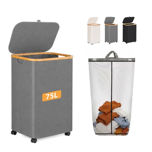 Laundry Hamper with Wheels and Lid 75L, Removable Inner Bag, Collapsible, Grey - color: Grey
