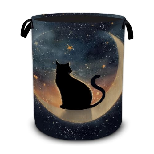 Black Cat Laundry Basket,Moonlit Night Foldable Oxford Laundry Hamper with Handles,Collapsible Clothes Storage Basket for Bedroom,Bathroom,or Laundry Room,20.8 x 16 Inches - color: Black Cat Moonlit Night
