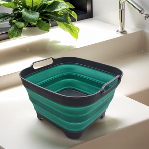 SAMMART 10L (2.64 Gallon) Collapsible Dishpan with Draining Plug - Foldable Washing Basin - Portable Dish Washing Tub - Space Saving Kitchen Storage Tray (1, Grey/Turquoise Blue) - color: Grey/Turquoise Blue