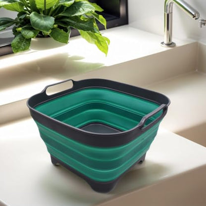 SAMMART 10L (2.64 Gallon) Collapsible Dishpan with Draining Plug - Foldable Washing Basin - Portable Dish Washing Tub - Space Saving Kitchen Storage Tray (1, Grey/Turquoise Blue) - color: Grey/Turquoise Blue