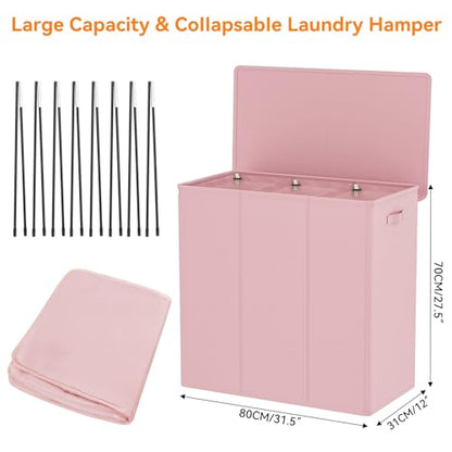 WOWLIVE 180L Laundry Hamper 3 Section, Large Laundry Basket with Lid - color: Pink, size: 180l (31.5"L x 12.5"W x 28"H)