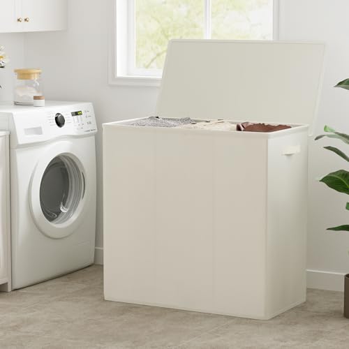 WOWLIVE 180L Laundry Hamper 3 Section, Large Laundry Basket with Lid - color: Beige, size: 180l (31.5"L x 12.5"W x 28"H)