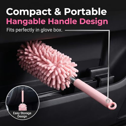 2 PCS Car Interior Duster with Extension Pole, Microfiber Bendable Head Telescopic Cleaning Tool, Scratch Free for Vehicle Interior & Exterior, Universal for Most Cars, Trucks, SUVs (Pink)