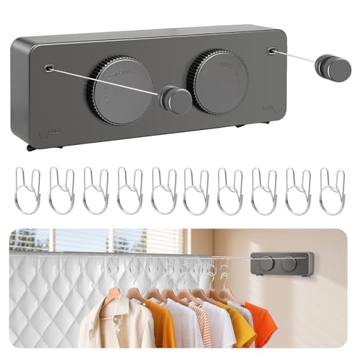 Retractable Clothesline Indoor, Non-Sagging Outdoor Clothes Line Retracting, 16.7 Ft Heavy Duty Clothes Drying Laundry Line, Wall Mounted Stainless Steel Clothesline for Balconies (Double line-Grey) - color: Double Line-grey