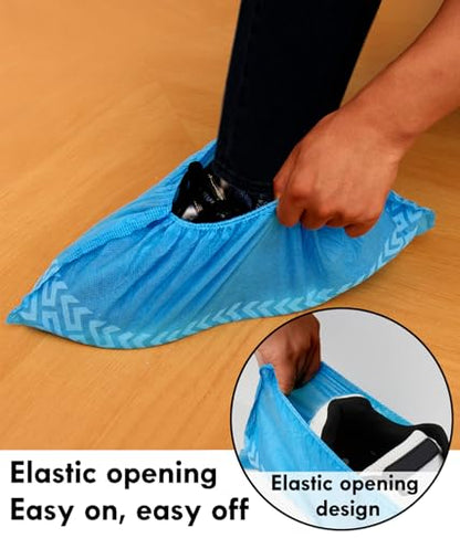 Disposable Shoe Covers 100 Pack (50 Pairs) | Non-Slip, Durable Non-Woven Fabric Boot Covers for Indoors, X-Large Recyclable Shoe Protectors, Stretchable Fits Up to Size 13 US Men & Work Boots - size: Blue Set of 100(XL)