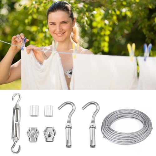 Clothesline, Stainless Steel Clothesline Wire Outdoor Cable Wire Rope Laundry Hanging Drying with Tightener System Multipurpose forOutdoor/Indoor/Home/Drying (32Ft)