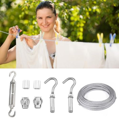 Clothesline, Stainless Steel Clothesline Wire Outdoor Cable Wire Rope Laundry Hanging Drying with Tightener System Multipurpose forOutdoor/Indoor/Home/Drying (32Ft)