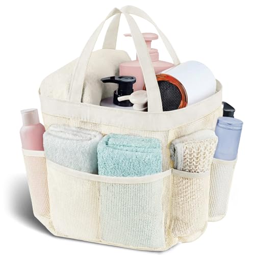 Mesh Shower Caddy Portable - 9 Pockets, Shower Bag for Dorm Room Camping - color: beige
