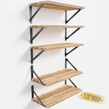 COCOYA Wall Shelves 7.3" Deep Solid Paulownia Wood (Light Brown, Set of 5) - color: Carbonized Black, Set of 5