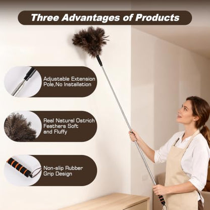 Extendable Ostrich Feather Duster 26-55 Inch, Natural Cleaning Duster with Sponge Grip and Stainless Steel Extension Pole Reusable for High Ceilings, Fans, Blinds, Furniture, Interior & Roof Dusting. - size: 21-55 Inch