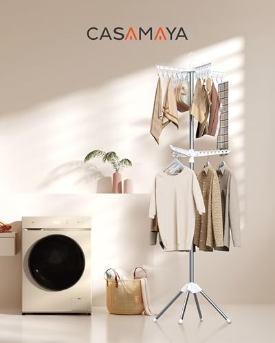 CASAMAYA Clothes Drying Rack Foldable, 72 inch 2 Tier Laundry Drying Rack with Rotating Clothes Rail for 27 Pieces of Clothes, Adjustable, 24 Clips, Space Saving, White and Silver CDR012W01 - color: White + Silver, size: 2-Tier Clip