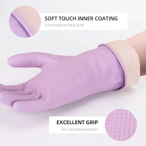 LoveBB 6 Pairs Rubber Cleaning Gloves, Reusable Dishwashing Gloves Non-Slip Kitchen Gloves for Washing Dishes & Household Cleaning- Pink Blue Purple (Medium)