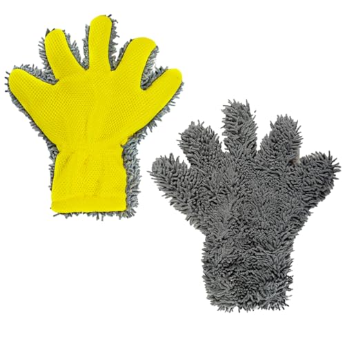 2PCS Car Wash Mitts, Double-Sided Microfiber 5-Finger No-Scratch Washing Glove, Universal Soft Automotive Interior Exterior Detailing Mitt for Cleaning Wheel Tight Spot (Yellow) - color: Yellow