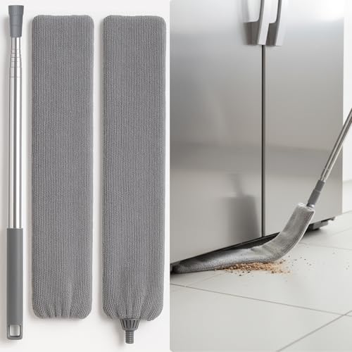 Flat Gap Dust Cleaner with Extendable Pole, Bafezoze Retractable Under Appliance Duster with 2 Washable Microfiber Pads, Slim Flexible Gap Mop for Cleaning Under Bed Sofa Cabinet Refrigerator Gray - size: Gap Duster Gray 2PCs