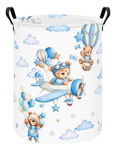Foldable Waterproof Round Fabric Laundry Basket Home, Blue Pilot Bear - color: Round-Blue Pilot Bear