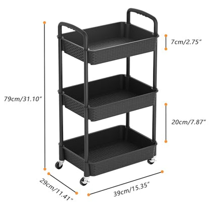 MOYIPIN 3-Tier Plastic Rolling Utility Cart with Handle,Black - color: Black, size: 3-Tiers without cups