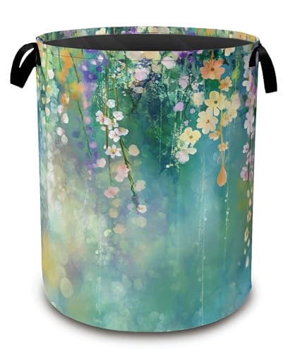 Abstract Flowers Laundry Basket,Spring Floral Collapsible Laundry Baskets with Handles,Waterproof Oxford Cloth Storage Basket 16"x20" for Bathroom/Bedroom/Dormitories - color: Abstract Flowers,Spring Floral