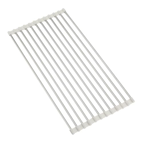 Roll Up Dish Drying Rack, Over Sink Multipurpose Rack, 17.6" x 9.3" Stainless Steel Foldable Dish Drainer, White