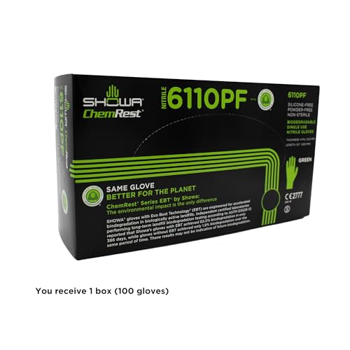 SHOWA 6110PF Sustainable EBT Latex-Free, Powder-Free, Nitrile Disposable Single Use Safety Gloves, 4 Mil, 9.5" Length, Small (1 Box/100 Gloves) (Pack of 10) - color: Green, size: Small (Pack of 10)