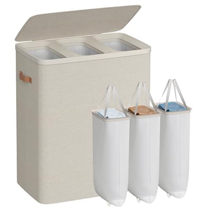 SONGMICS Laundry Basket, 190L Laundry Hamper with Lid, 3 Removable Bags - color: Cappuccino Beige, size: 190 L (3-Section)