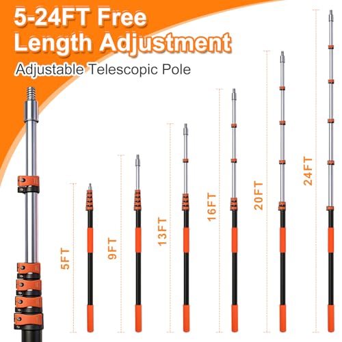 30FT High Reach Duster Kits with Dual Action Flip-Lock & Screw Fixing Design, 5-24FT Extension Pole, Cobweb Duster, Washable Ceiling Fan Cleaner & Window Squeegee for Glass & High Roof - size: 5-24FT