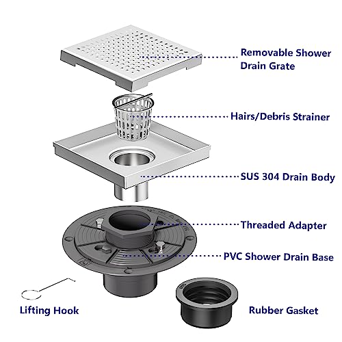 Neodrain 6" Brushed Square Shower Drain with Quadrato Pattern Grate - color: Brushed, size: 6 In