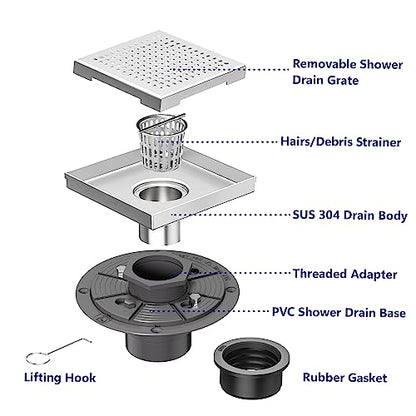 Neodrain 6" Brushed Square Shower Drain with Quadrato Pattern Grate - color: Brushed, size: 6 In