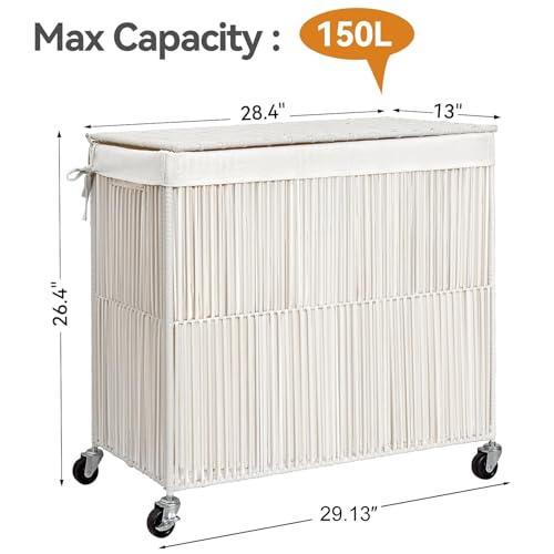 WOWLIVE Laundry Basket 3 Section, Handwoven Laundry Hamper with Wheels - color: Creamy White, size: 150l(28.4 X 13 X 26.4 Inches)
