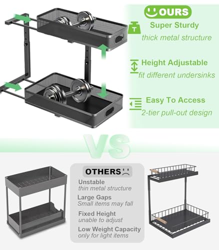 Under Sink Organizer 2 Pack, High Adjustable 2 Tier Under Sink Organizers and Storage, Slide out Metal Cabinet Organizers, Pull out Storage Drawer Shelf for Kitchen Bathroom Cabinet (Black) - color: Black