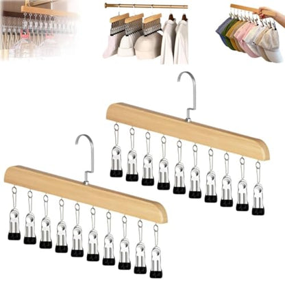 Closet Organizer with 10 Clips, 2PCS Space Saving Hanging Closet Organizer, Space-Saving Hat Scarf Clothespins for Jeans Skirts Socks Leggings Wooden Pant Hangers with Clips(Wood) - color: 2pc-light Wood