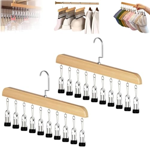 Closet Organizer with 10 Clips, 2PCS Space Saving Hanging Closet Organizer, Space-Saving Hat Scarf Clothespins for Jeans Skirts Socks Leggings Wooden Pant Hangers with Clips(Wood) - color: 2pc-light Wood