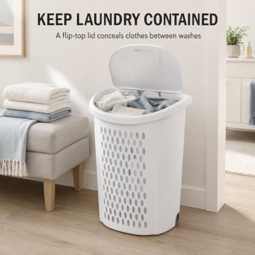 White Rolling Laundry Hamper with Wheels & Handle, 2 Bushel - color: White -Wheel-2 Bushel
